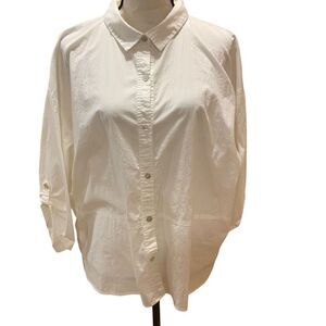 Eileen Fisher Buttoned Blouse White Organic Cotton/Spandex Roll Tab Sleeve Wm XL